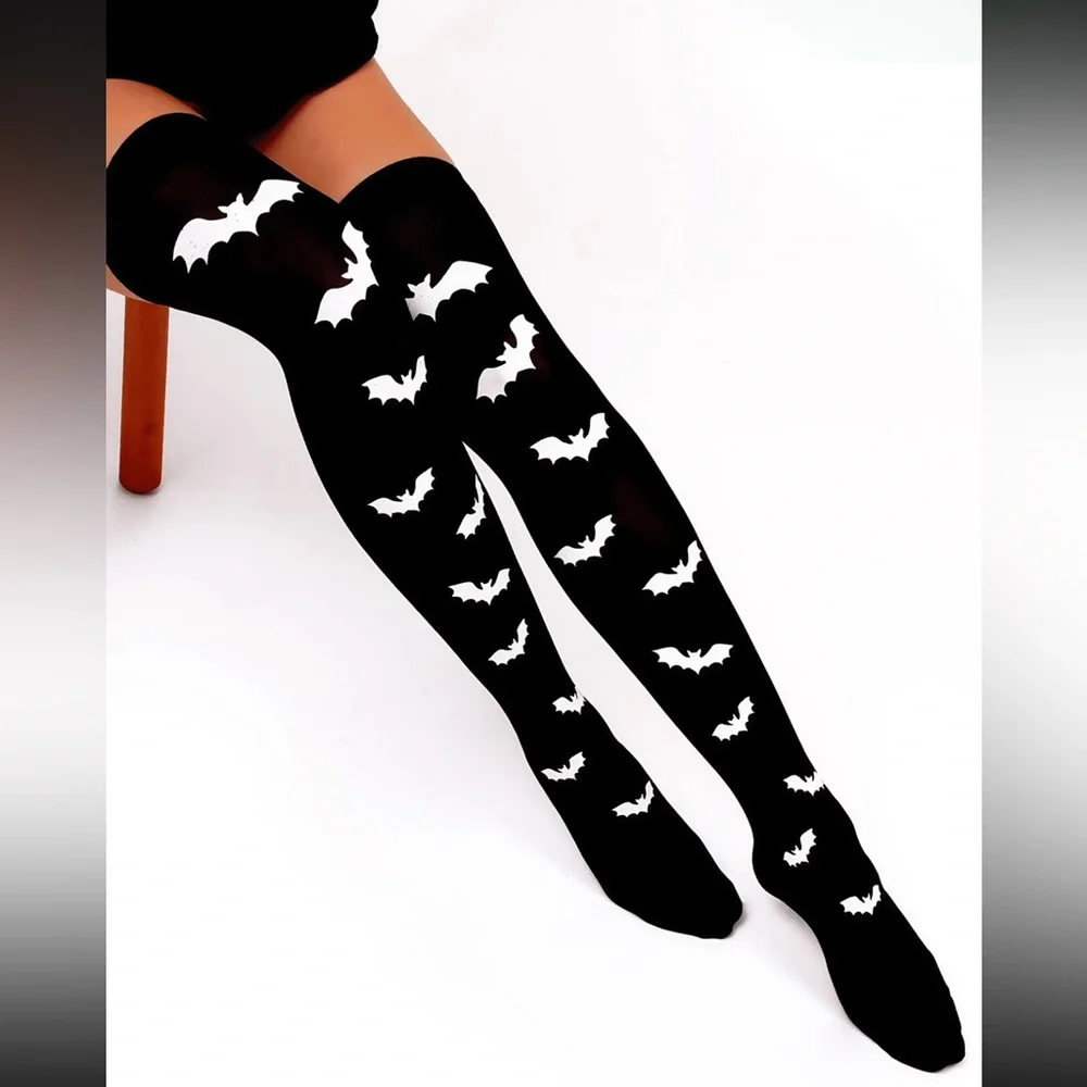 Black Thigh-High Socks with White Bat Design 🦇